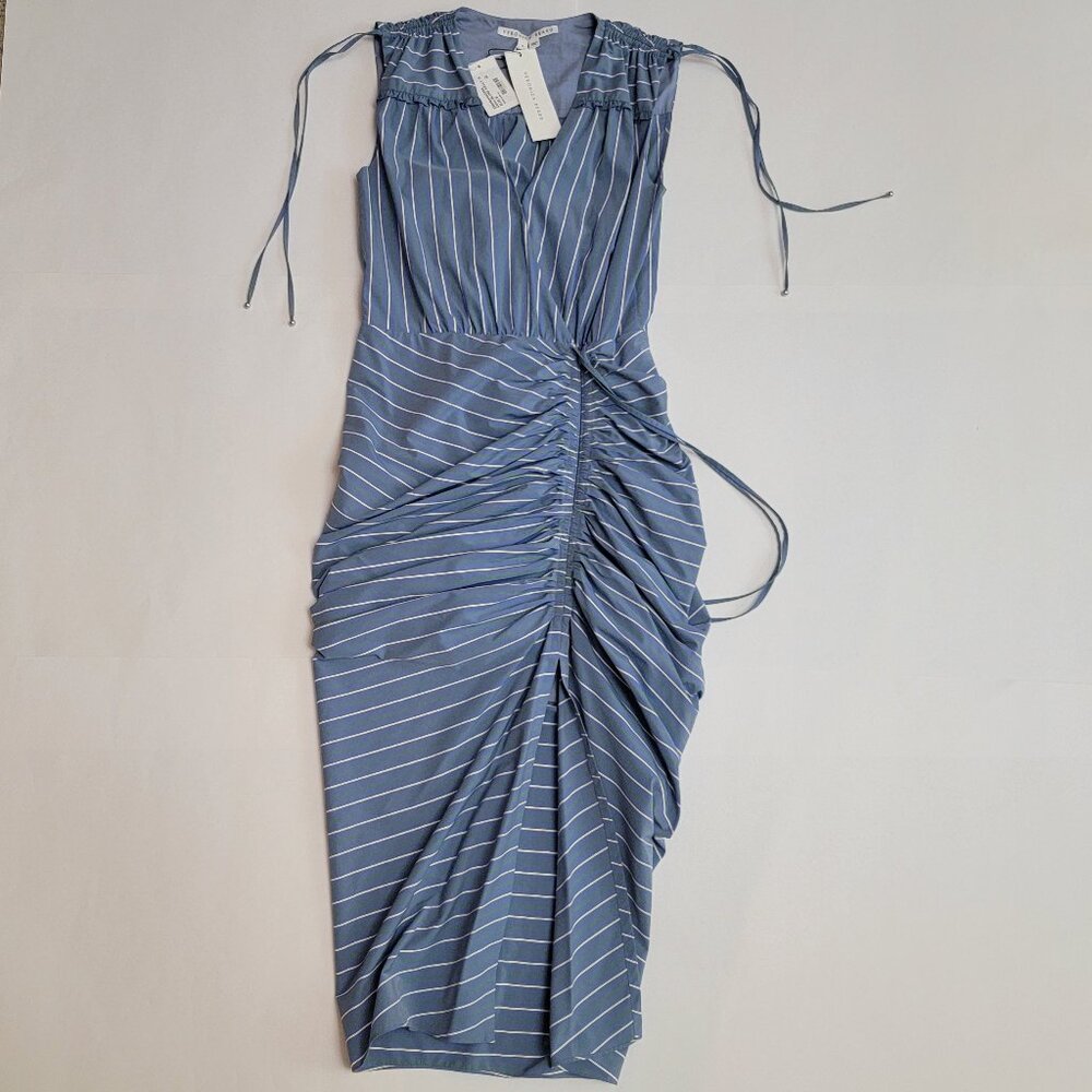 VERONICA BEARD Teagan Ruched Striped Poplin Midi Dress - Picture 2 of 16